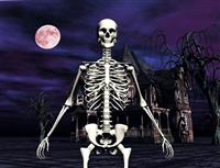 Skeleton in front of Haunted House stock photo