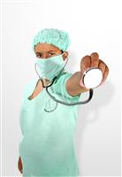 Doctor (focus on hand with stethoscope) stock photo
