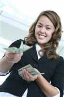 Woman Giving Money stock photo
