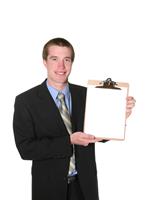 Business man holding clipboard stock photo