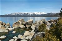 Rock, Lake, and Mountain Landscape  stock photo