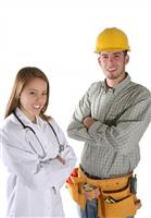 Construction Worker and Nurse stock photo