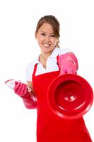 Cute Woman Maid Cleaning Toilet stock photo