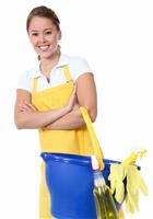 Cute Woman Maid With Cleaning Supplies stock photo